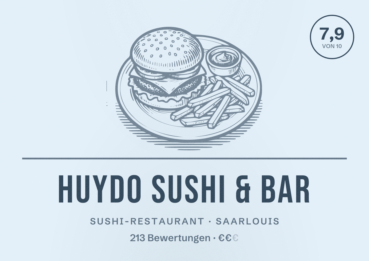Illustriertes Poster von HUYDO Sushi & Bar, Sushi-Restaurant in Saarlouis: Bewertung 7,9 von 10 aus 213 Bewertungen, Preisniveau €€