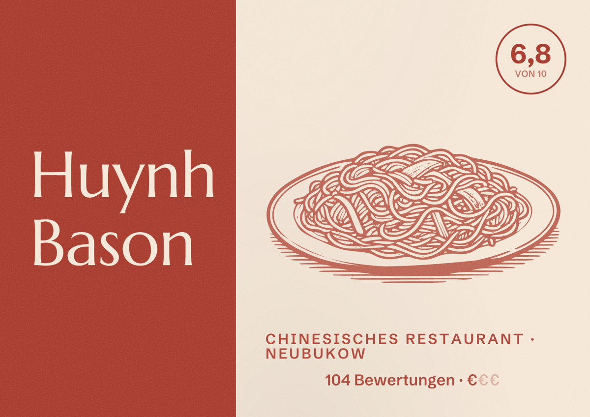 Illustriertes Poster von Huynh Bason, Chinesisches Restaurant in Neubukow: Bewertung 6,8 von 10 aus 104 Bewertungen, Preisniveau €