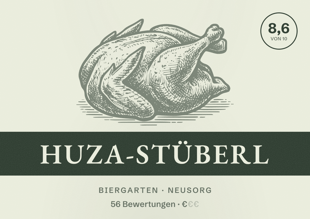 Illustriertes Poster von Huza-Stüberl, Biergarten in Neusorg: Bewertung 8,6 von 10 aus 56 Bewertungen, Preisniveau €