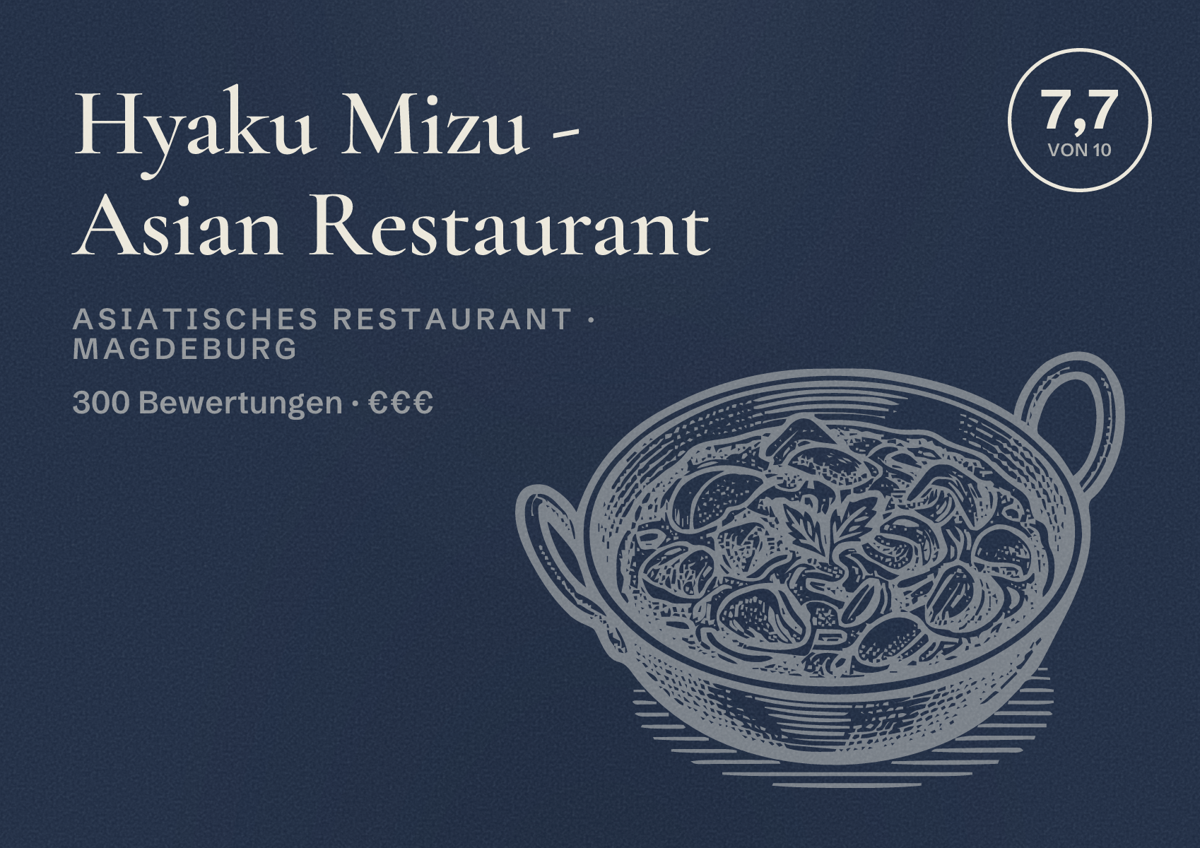 Illustriertes Poster von Hyaku Mizu - Asian Restaurant, Asiatisches Restaurant in Magdeburg: Bewertung 7,7 von 10 aus 300 Bewertungen, Preisniveau €€€