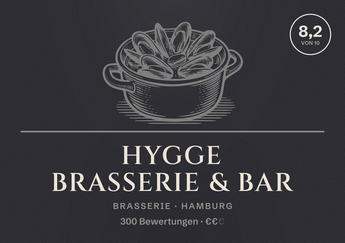 Illustriertes Poster von HYGGE Brasserie & Bar, Brasserie in Hamburg: Bewertung 8,2 von 10 aus 300 Bewertungen, Preisniveau €€