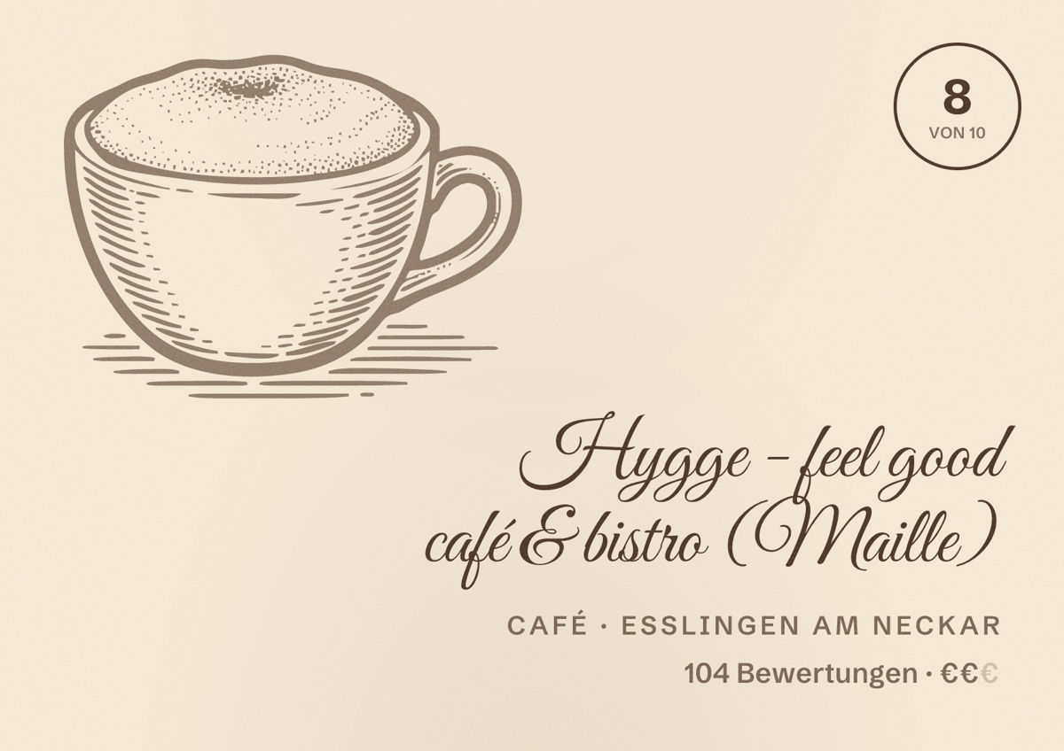 Illustriertes Poster von Hygge - feel good café & bistro (Maille), Café in Esslingen am Neckar: Bewertung 8 von 10 aus 104 Bewertungen, Preisniveau €€