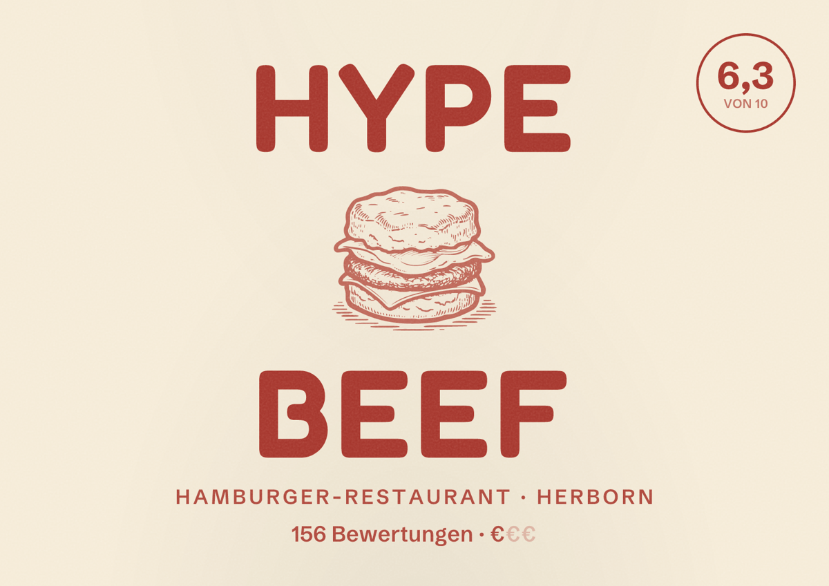 Illustriertes Poster von Hype Beef, Hamburger-Restaurant in Herborn: Bewertung 6,3 von 10 aus 156 Bewertungen, Preisniveau €