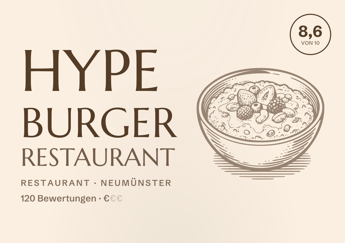 Illustriertes Poster von HYPE BURGER Restaurant, Restaurant in Neumünster: Bewertung 8,6 von 10 aus 120 Bewertungen, Preisniveau €