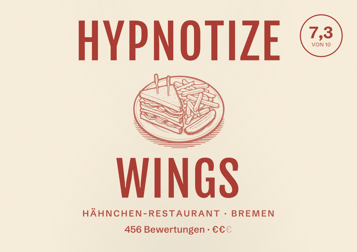 Illustriertes Poster von Hypnotize Wings, Hähnchen-Restaurant in Bremen: Bewertung 7,3 von 10 aus 456 Bewertungen, Preisniveau €€
