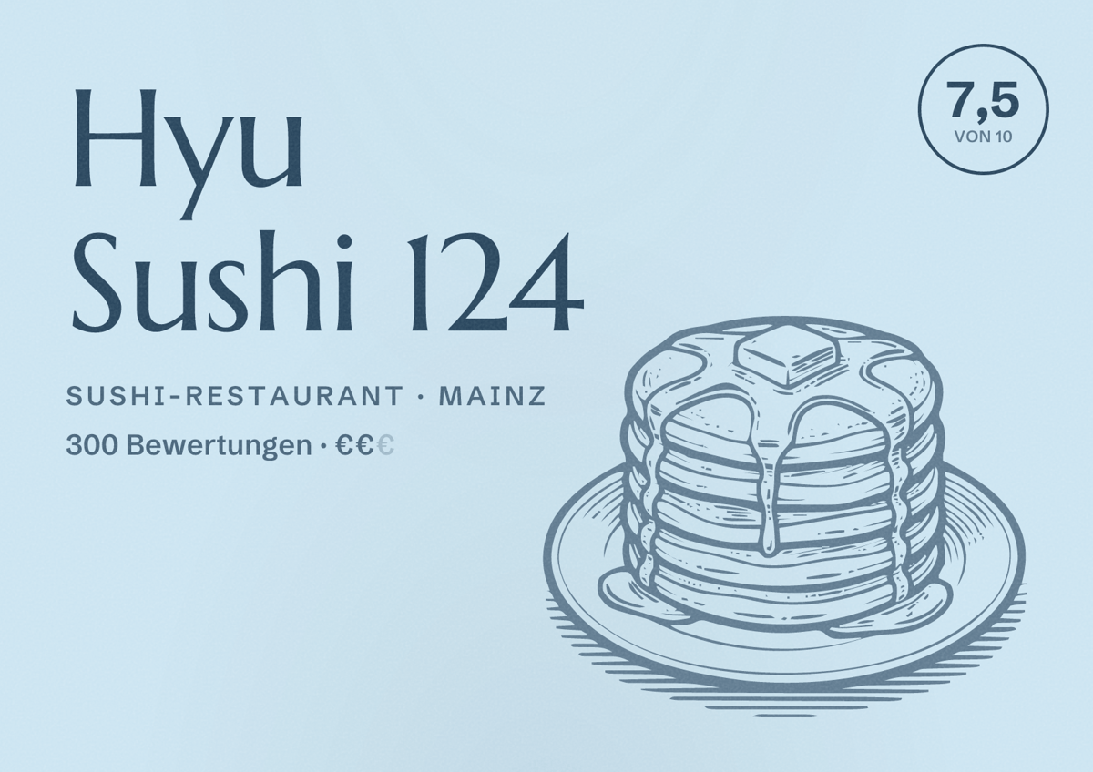 Illustriertes Poster von Hyu Sushi 124, Sushi-Restaurant in Mainz: Bewertung 7,5 von 10 aus 300 Bewertungen, Preisniveau €€