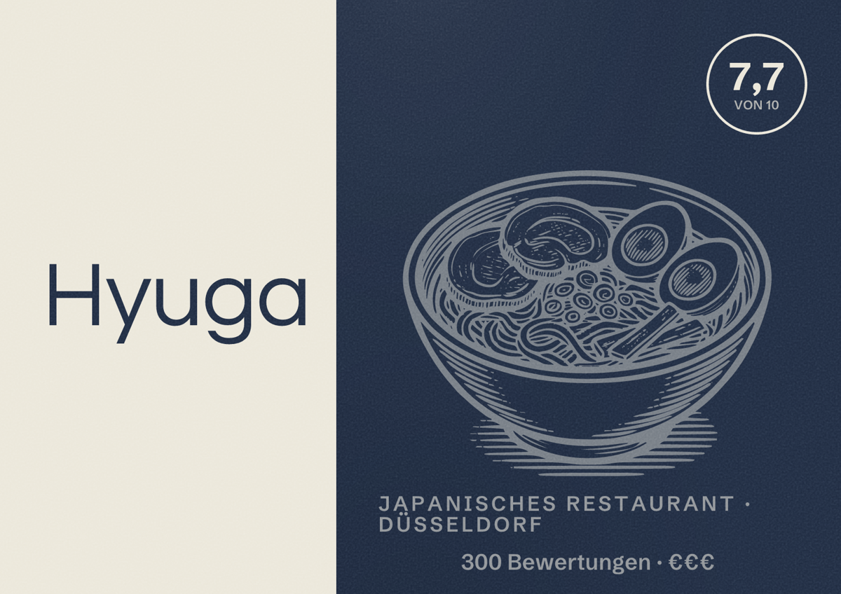 Illustriertes Poster von Hyuga, Japanisches Restaurant in Düsseldorf: Bewertung 7,7 von 10 aus 300 Bewertungen, Preisniveau €€€