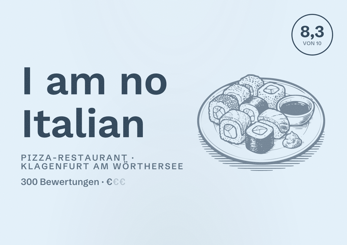 Illustriertes Poster von I am no Italian, Pizza-Restaurant in Klagenfurt am Wörthersee: Bewertung 8,3 von 10 aus 300 Bewertungen, Preisniveau €