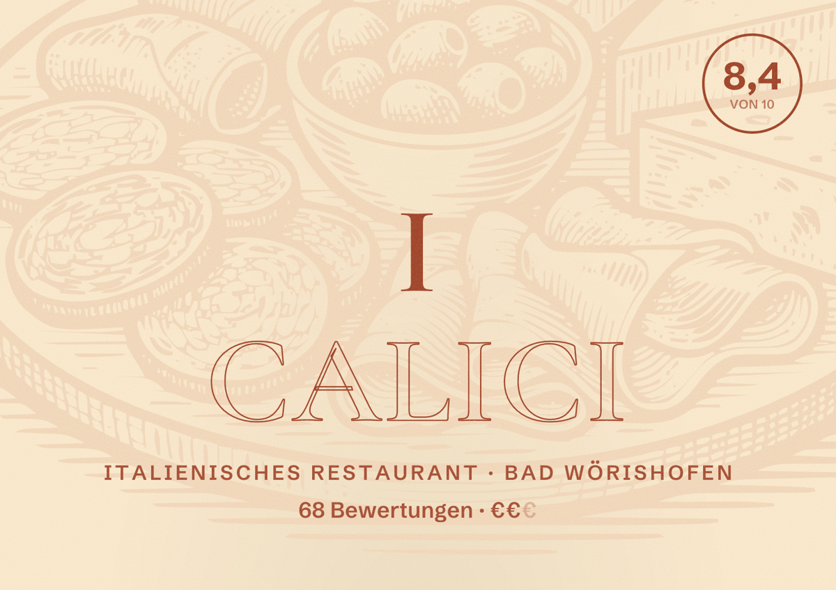 Illustriertes Poster von I Calici, Italienisches Restaurant in Bad Wörishofen: Bewertung 8,4 von 10 aus 68 Bewertungen, Preisniveau €€