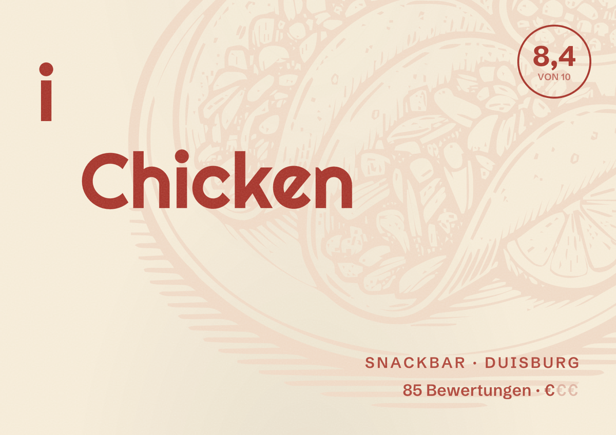 Illustriertes Poster von i Chicken, Snackbar in Duisburg: Bewertung 8,4 von 10 aus 85 Bewertungen, Preisniveau €