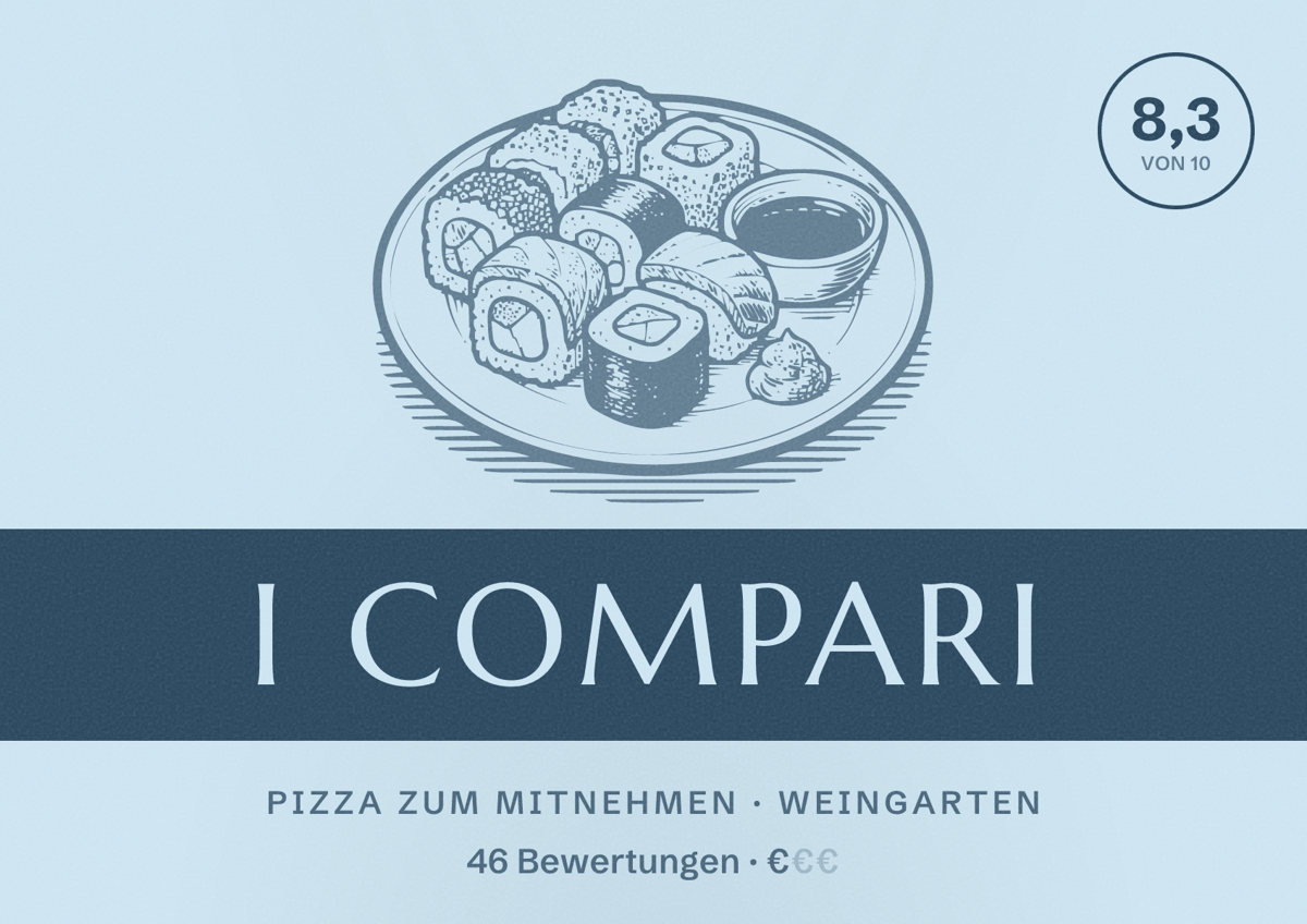 Illustriertes Poster von I Compari, Pizza zum Mitnehmen in Weingarten: Bewertung 8,3 von 10 aus 46 Bewertungen, Preisniveau €