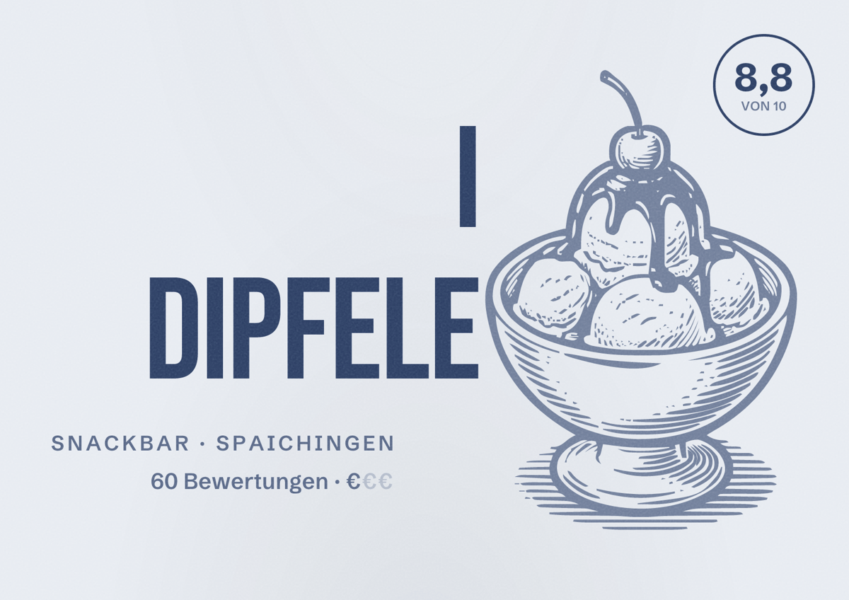 Illustriertes Poster von i Dipfele, Snackbar in Spaichingen: Bewertung 8,8 von 10 aus 60 Bewertungen, Preisniveau €