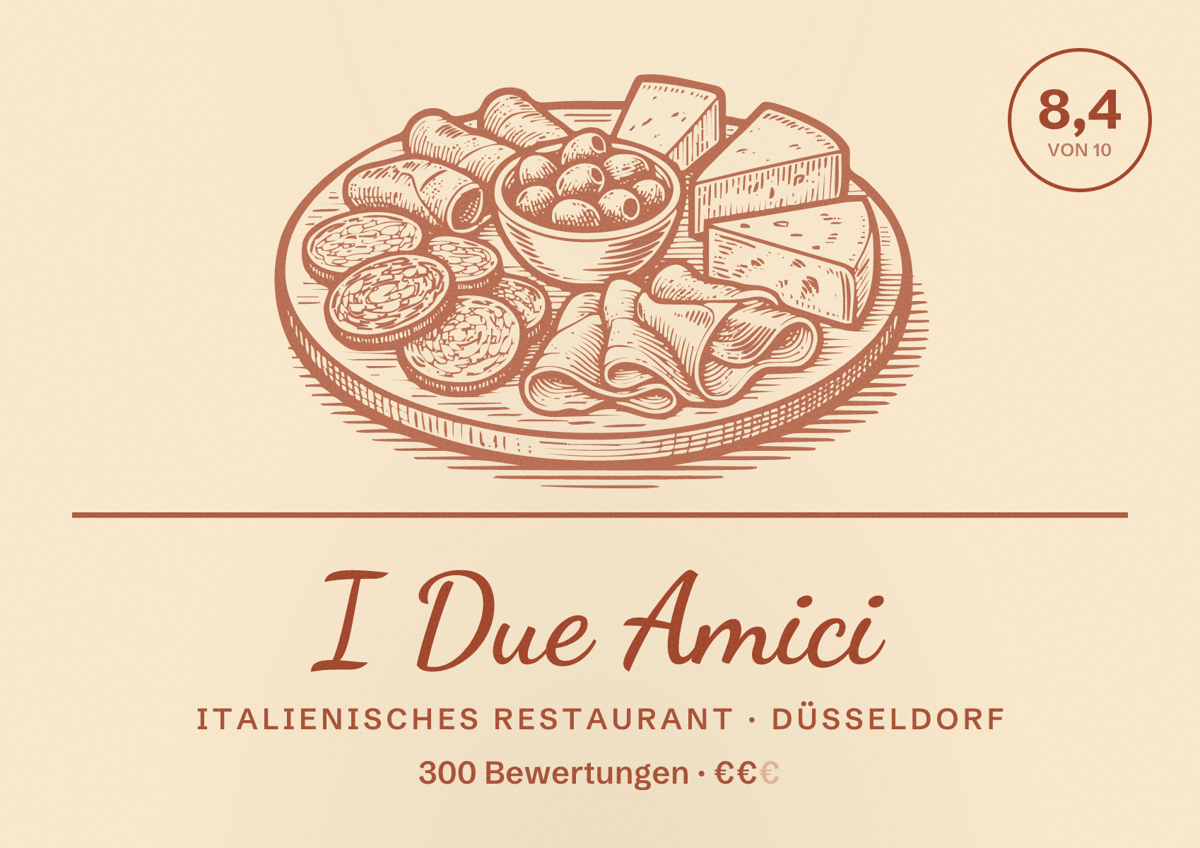 Illustriertes Poster von I Due Amici, Italienisches Restaurant in Düsseldorf: Bewertung 8,4 von 10 aus 300 Bewertungen, Preisniveau €€