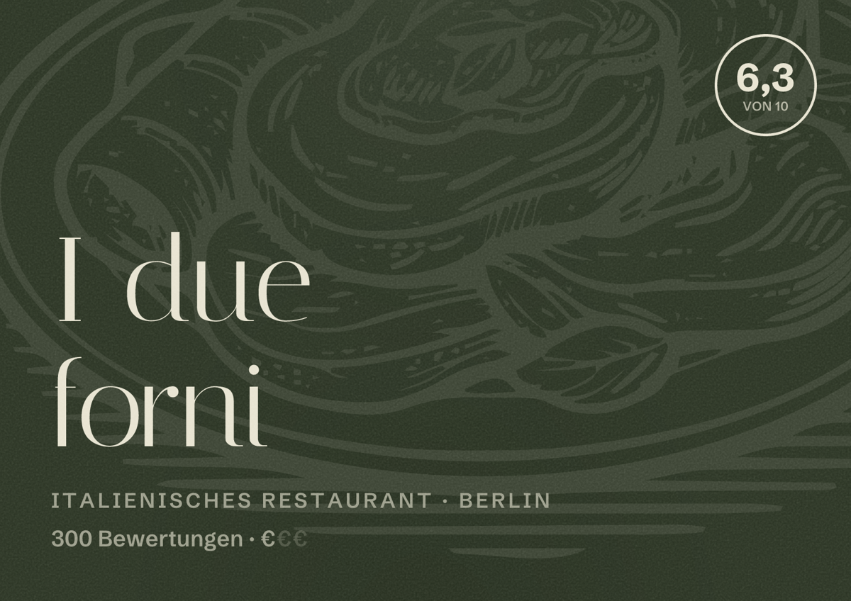 Illustriertes Poster von I due forni, Italienisches Restaurant in Berlin: Bewertung 6,3 von 10 aus 300 Bewertungen, Preisniveau €