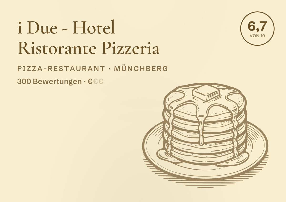 Illustriertes Poster von i Due - Hotel Ristorante Pizzeria, Pizza-Restaurant in Münchberg: Bewertung 6,7 von 10 aus 300 Bewertungen, Preisniveau €