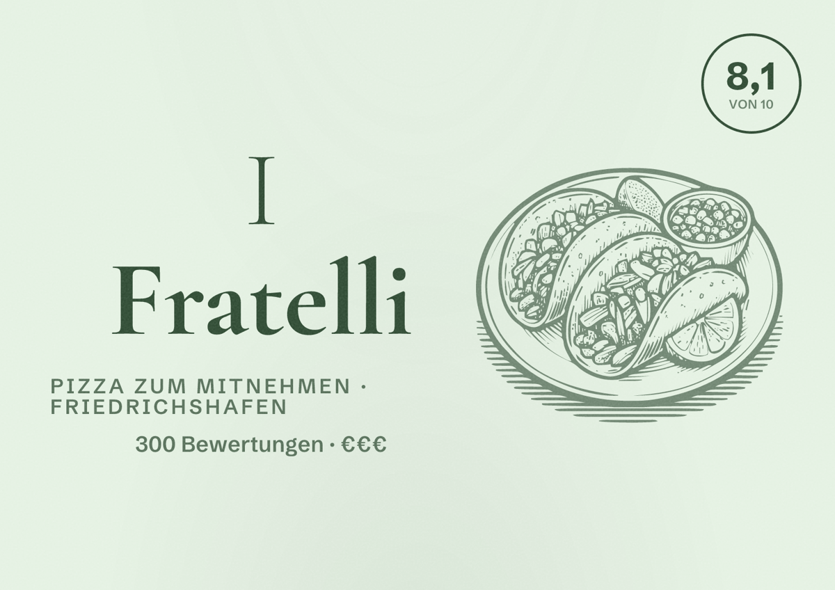 Illustriertes Poster von I Fratelli, Pizza zum Mitnehmen in Friedrichshafen: Bewertung 8,1 von 10 aus 300 Bewertungen, Preisniveau €€€