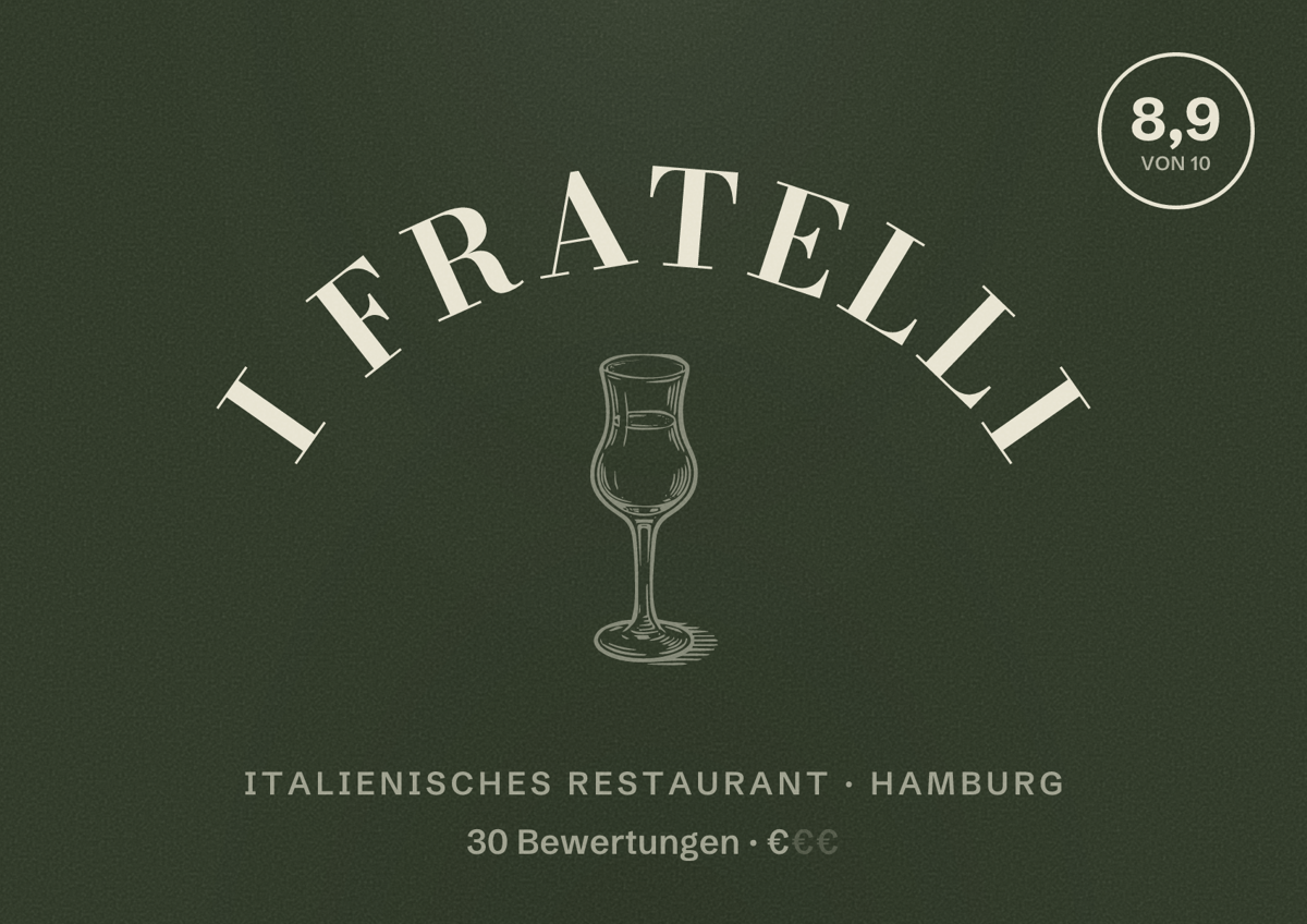 Illustriertes Poster von I Fratelli, Italienisches Restaurant in Hamburg: Bewertung 8,9 von 10 aus 30 Bewertungen, Preisniveau €