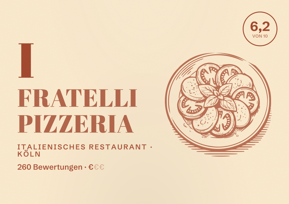 Illustriertes Poster von I Fratelli Pizzeria, Italienisches Restaurant in Köln: Bewertung 6,2 von 10 aus 260 Bewertungen, Preisniveau €