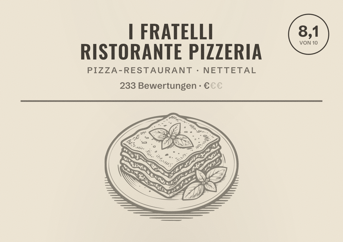 Illustriertes Poster von I Fratelli Ristorante Pizzeria, Pizza-Restaurant in Nettetal: Bewertung 8,1 von 10 aus 233 Bewertungen, Preisniveau €