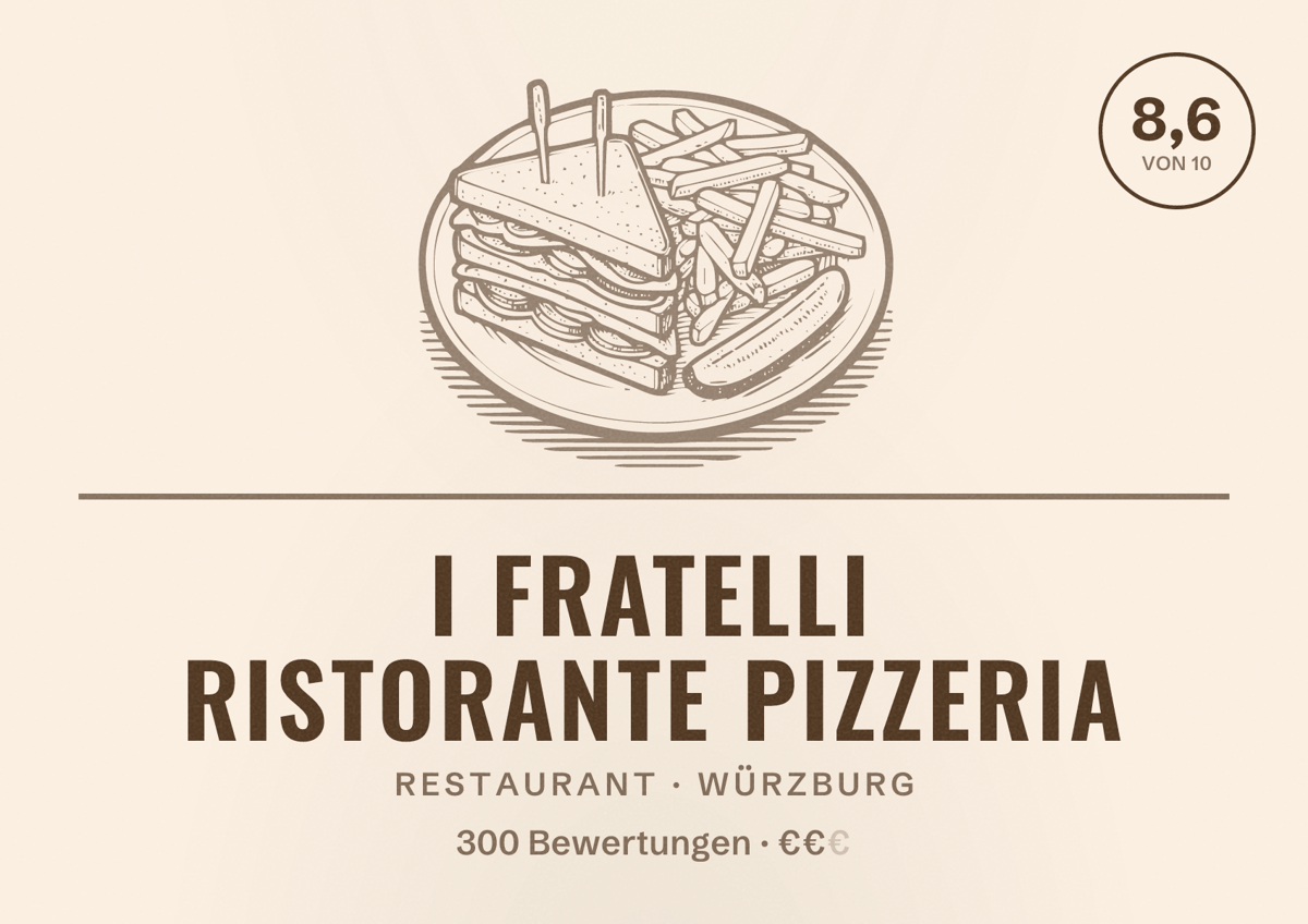 Illustriertes Poster von I Fratelli Ristorante Pizzeria, Restaurant in Würzburg: Bewertung 8,6 von 10 aus 300 Bewertungen, Preisniveau €€