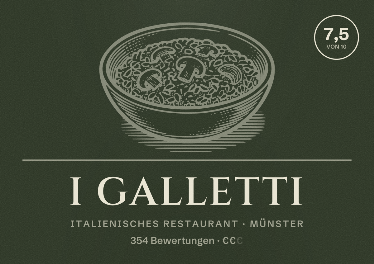 Illustriertes Poster von I Galletti, Italienisches Restaurant in Münster: Bewertung 7,5 von 10 aus 354 Bewertungen, Preisniveau €€