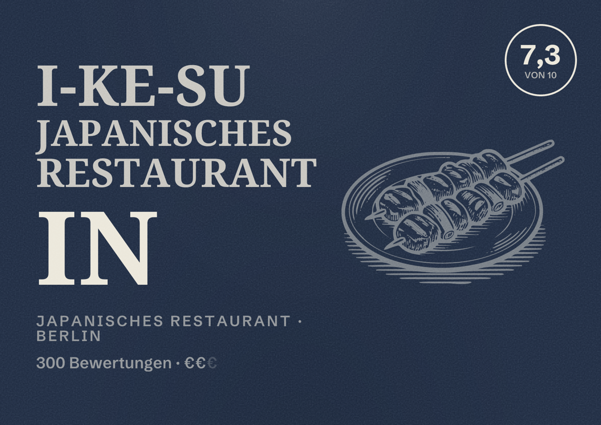 Illustriertes Poster von I-KE-SU Japanisches Restaurant in, Japanisches Restaurant in Berlin: Bewertung 7,3 von 10 aus 300 Bewertungen, Preisniveau €€