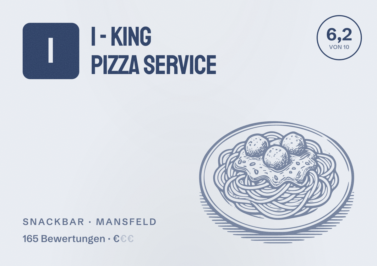 Illustriertes Poster von I - king pizza service, Snackbar in Mansfeld: Bewertung 6,2 von 10 aus 165 Bewertungen, Preisniveau €