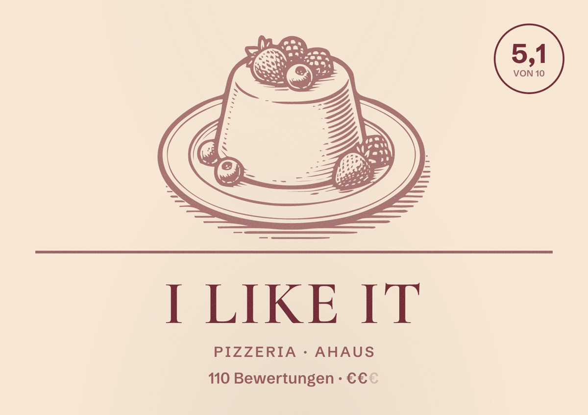 Illustriertes Poster von I Like It, Pizzeria in Ahaus: Bewertung 5,1 von 10 aus 110 Bewertungen, Preisniveau €€
