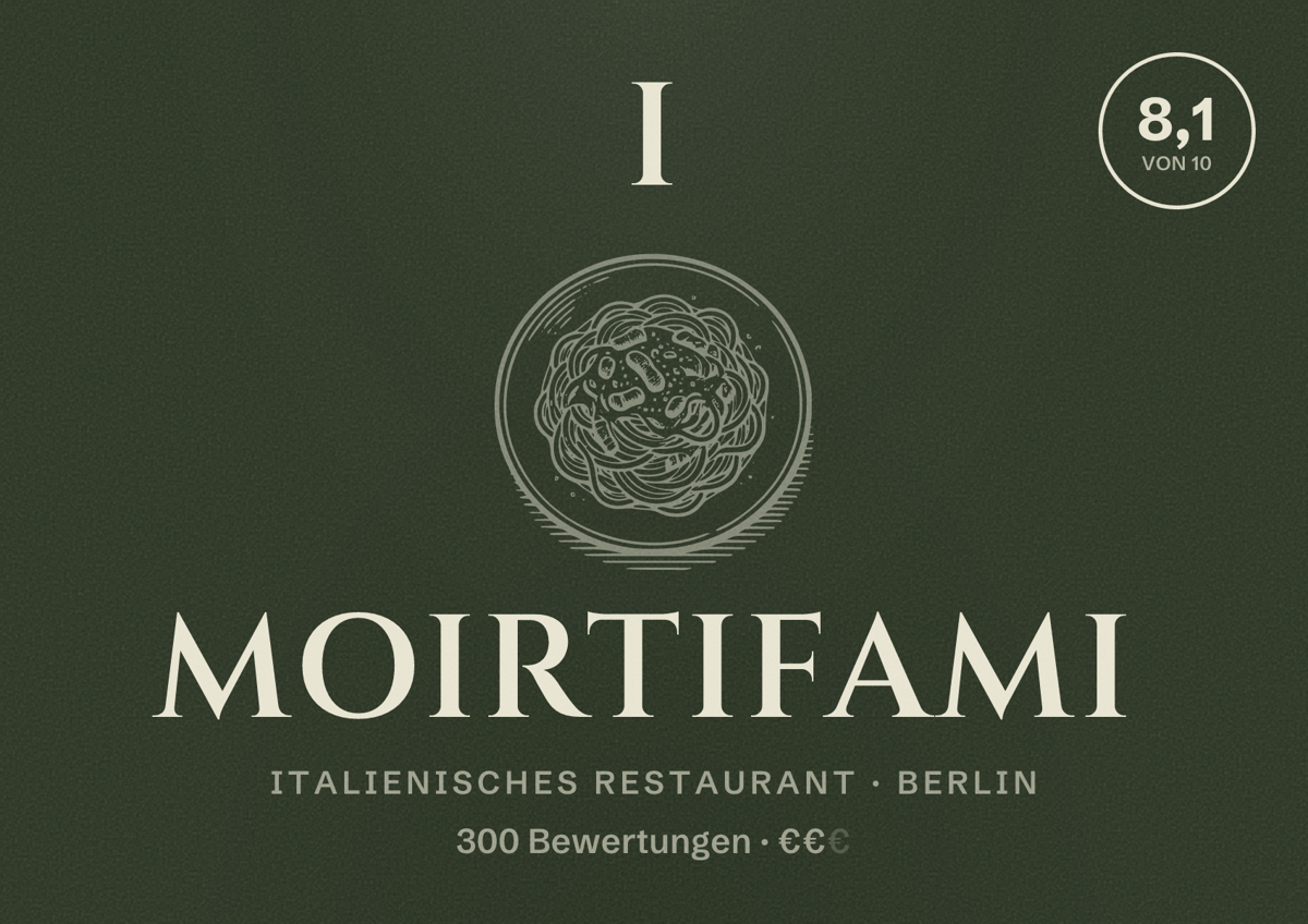Illustriertes Poster von I Moirtifami, Italienisches Restaurant in Berlin: Bewertung 8,1 von 10 aus 300 Bewertungen, Preisniveau €€