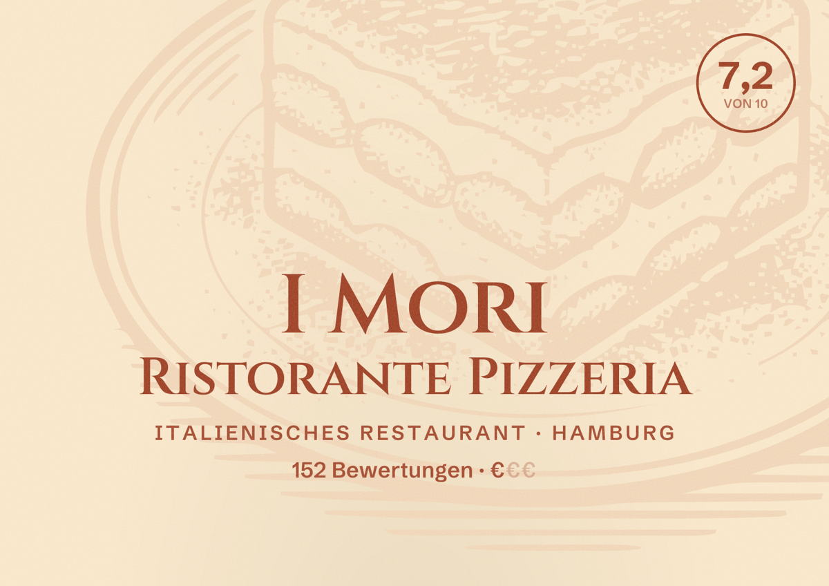 Illustriertes Poster von I Mori Ristorante Pizzeria, Italienisches Restaurant in Hamburg: Bewertung 7,2 von 10 aus 152 Bewertungen, Preisniveau €