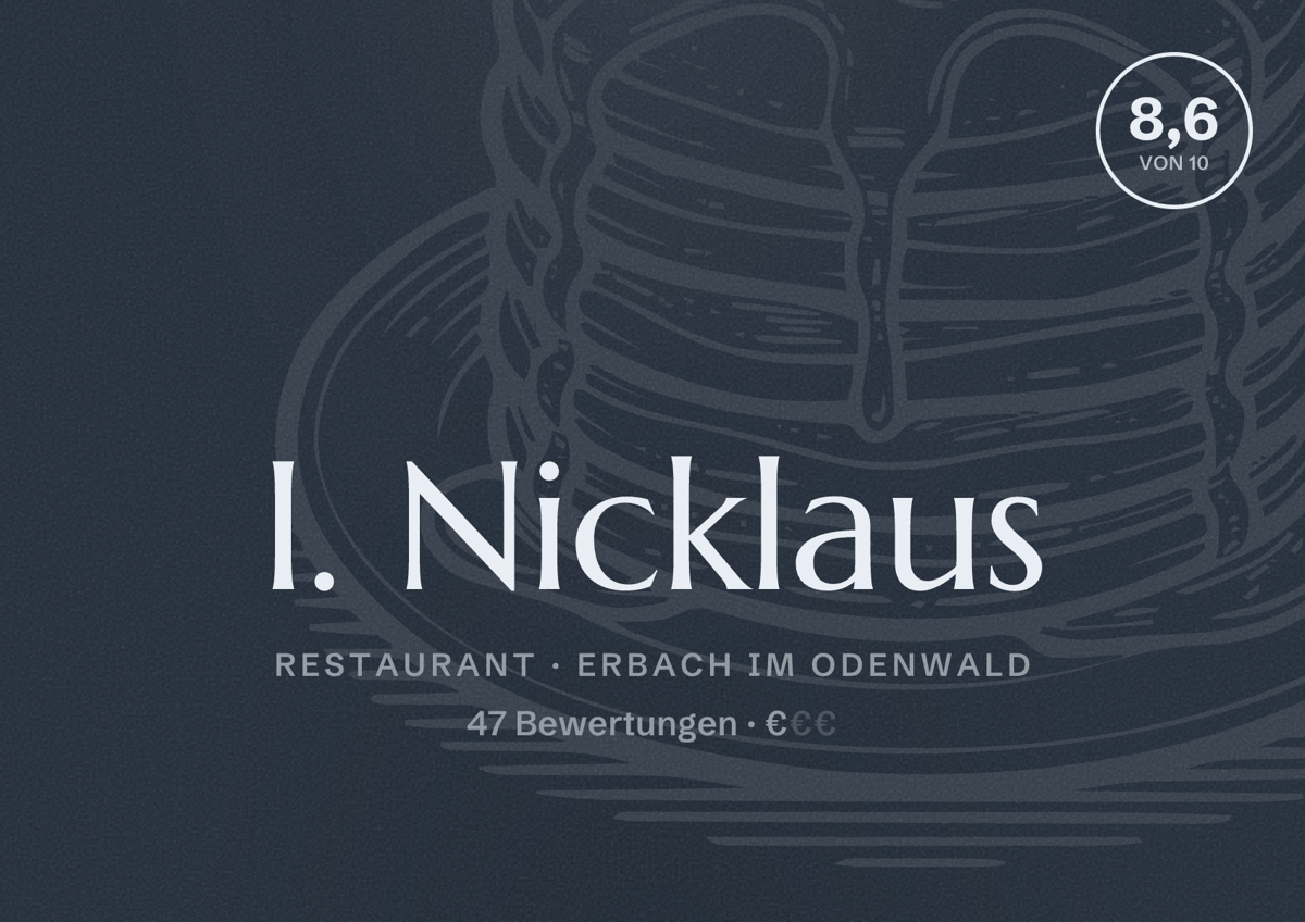 Illustriertes Poster von I. Nicklaus, Restaurant in Erbach im Odenwald: Bewertung 8,6 von 10 aus 47 Bewertungen, Preisniveau €