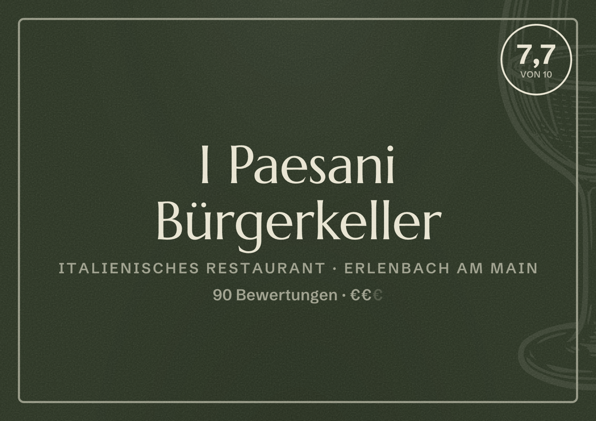 Illustriertes Poster von I Paesani Bürgerkeller, Italienisches Restaurant in Erlenbach am Main: Bewertung 7,7 von 10 aus 90 Bewertungen, Preisniveau €€