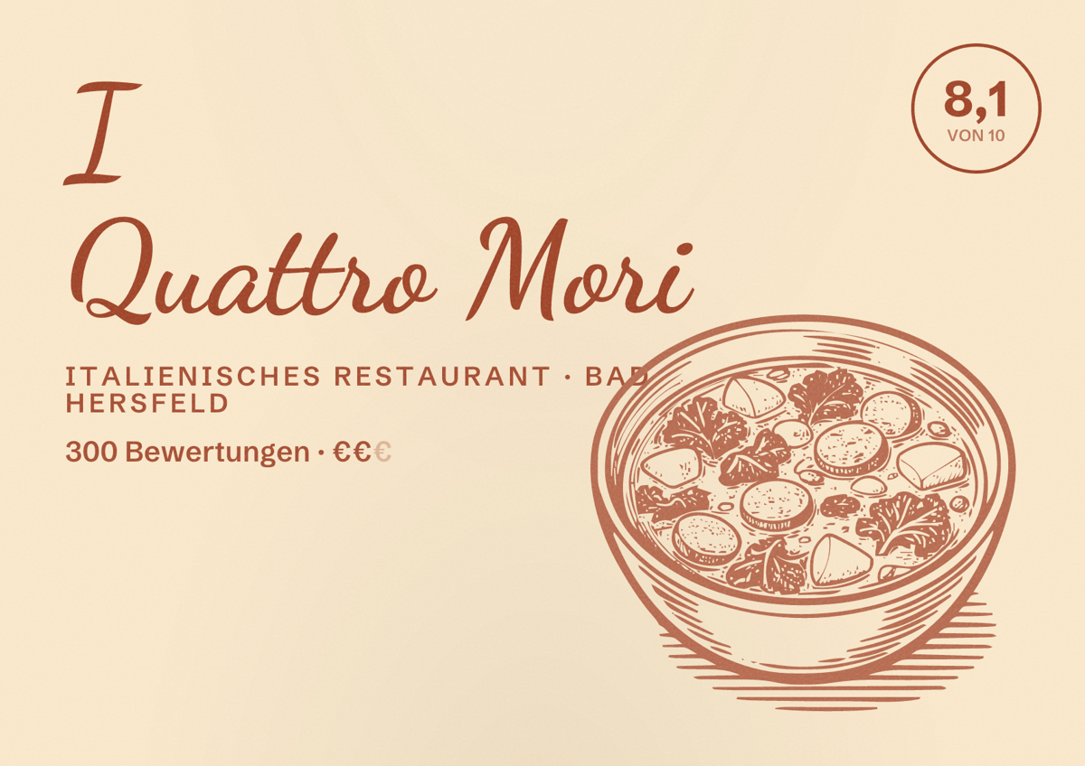 Illustriertes Poster von I Quattro Mori, Italienisches Restaurant in Bad Hersfeld: Bewertung 8,1 von 10 aus 300 Bewertungen, Preisniveau €€