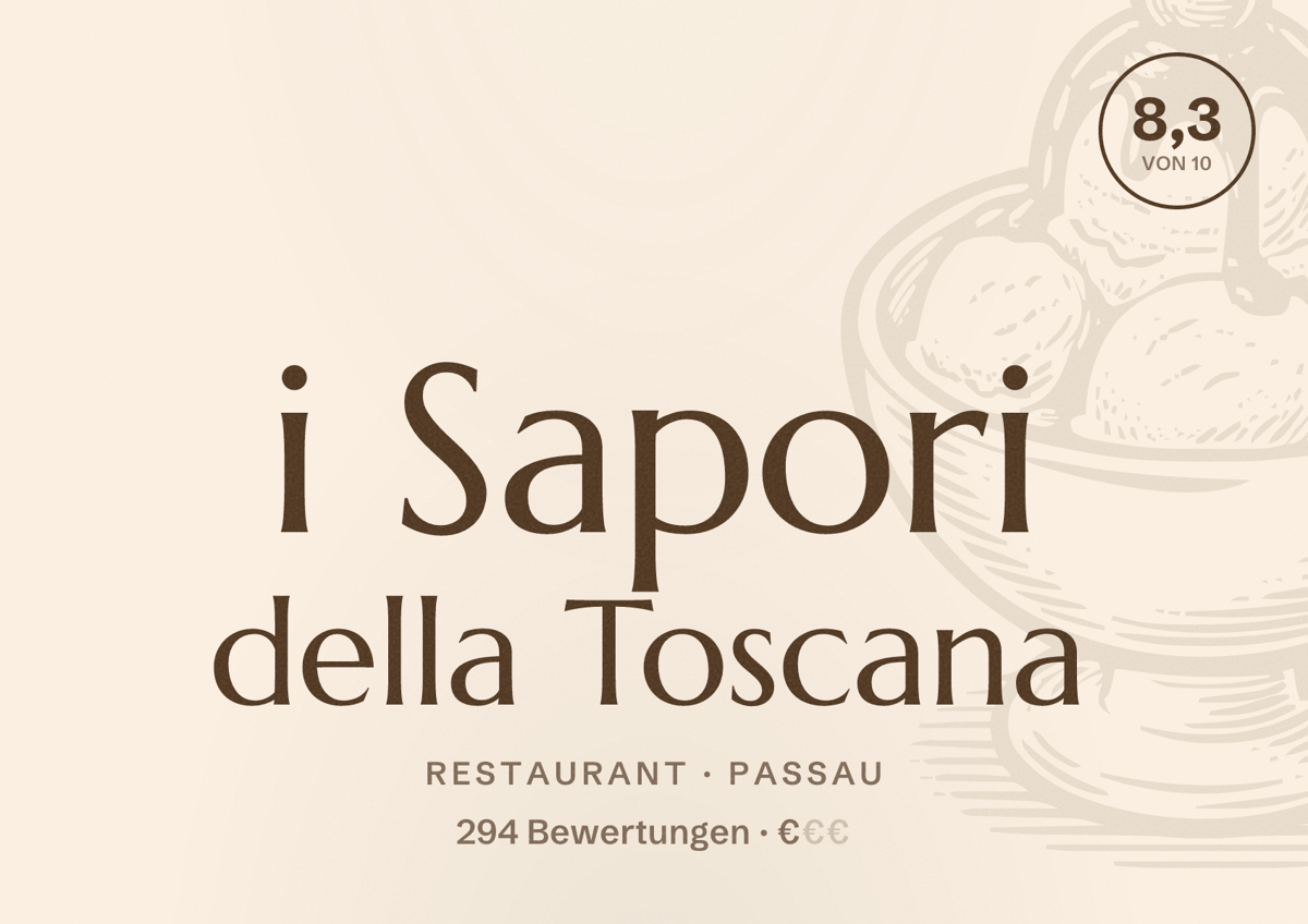 Illustriertes Poster von i Sapori della Toscana, Restaurant in Passau: Bewertung 8,3 von 10 aus 294 Bewertungen, Preisniveau €