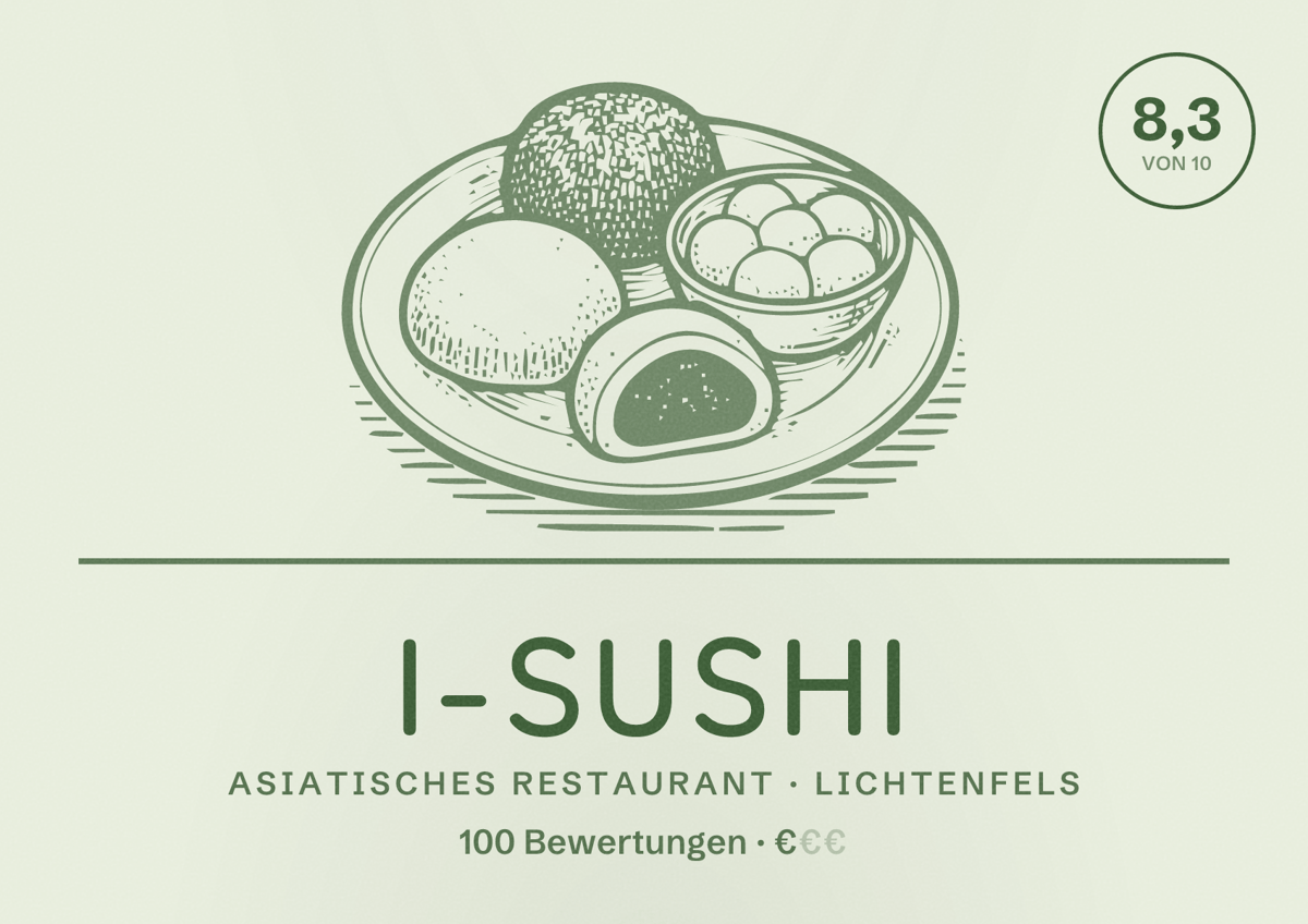 Illustriertes Poster von i-sushi, Asiatisches Restaurant in Lichtenfels: Bewertung 8,3 von 10 aus 100 Bewertungen, Preisniveau €