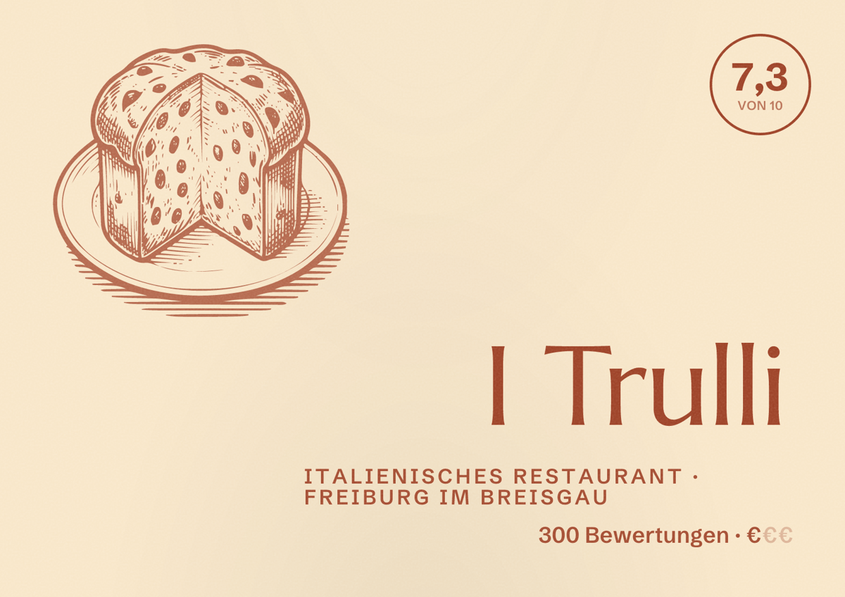Illustriertes Poster von I Trulli, Italienisches Restaurant in Freiburg im Breisgau: Bewertung 7,3 von 10 aus 300 Bewertungen, Preisniveau €