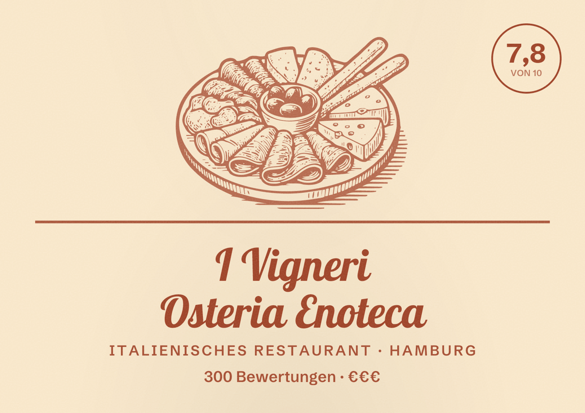 Illustriertes Poster von I Vigneri Osteria Enoteca, Italienisches Restaurant in Hamburg: Bewertung 7,8 von 10 aus 300 Bewertungen, Preisniveau €€€