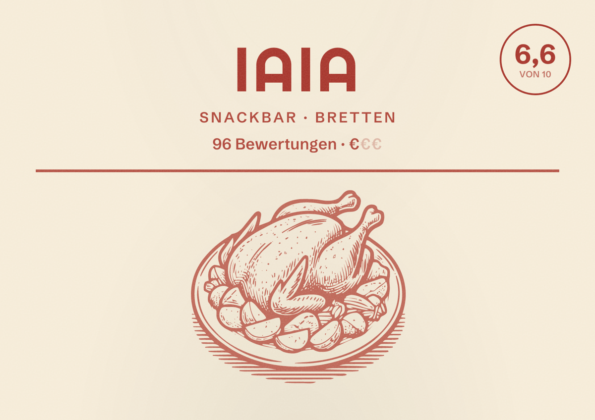 Illustriertes Poster von iaia, Snackbar in Bretten: Bewertung 6,6 von 10 aus 96 Bewertungen, Preisniveau €