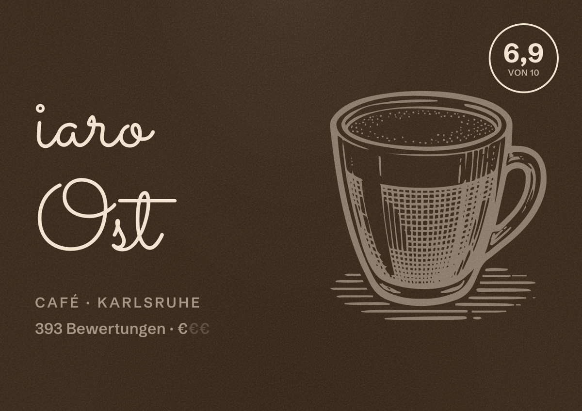 Illustriertes Poster von iaro Ost, Café in Karlsruhe: Bewertung 6,9 von 10 aus 393 Bewertungen, Preisniveau €