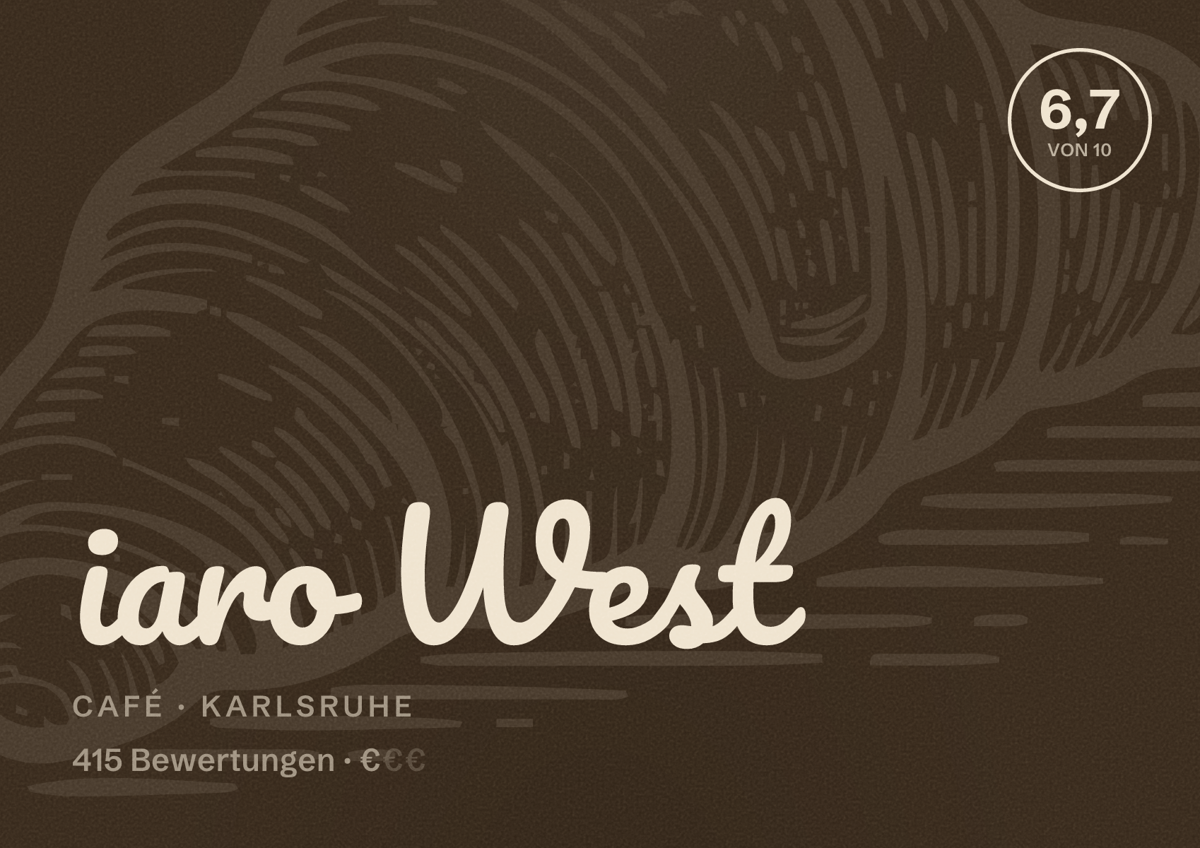 Illustriertes Poster von iaro West, Café in Karlsruhe: Bewertung 6,7 von 10 aus 415 Bewertungen, Preisniveau €