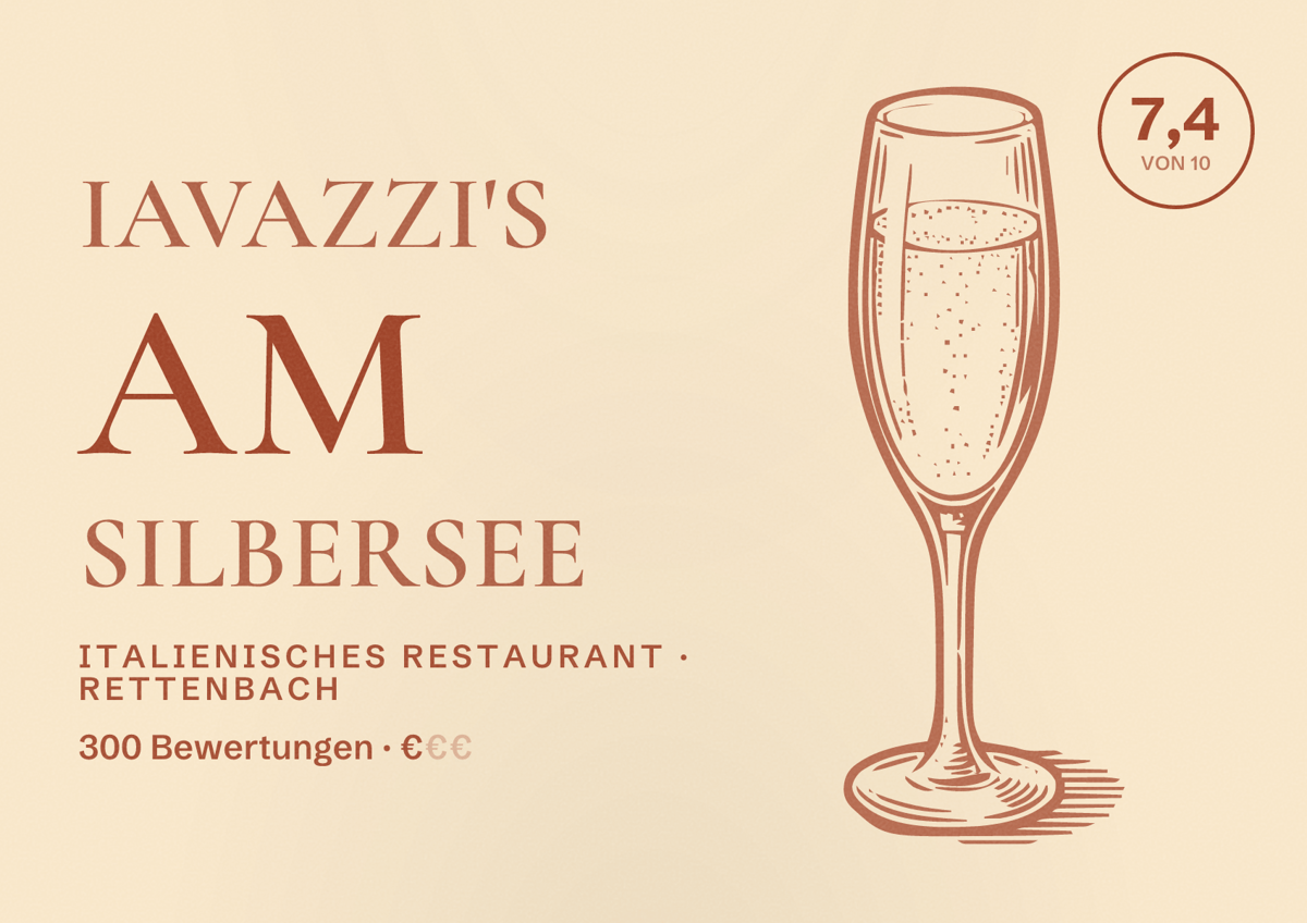 Illustriertes Poster von Iavazzi's Am Silbersee, Italienisches Restaurant in Rettenbach: Bewertung 7,4 von 10 aus 300 Bewertungen, Preisniveau €