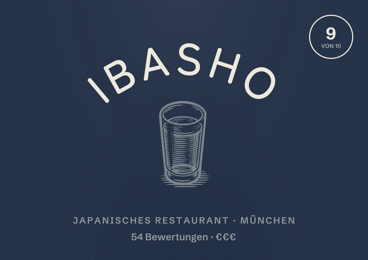 Illustriertes Poster von Ibasho, Japanisches Restaurant in München: Bewertung 9 von 10 aus 54 Bewertungen, Preisniveau €€€