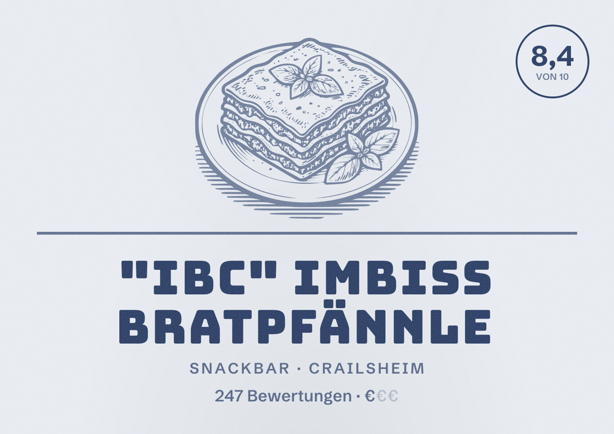 Illustriertes Poster von "IBC" Imbiss Bratpfännle, Snackbar in Crailsheim: Bewertung 8,4 von 10 aus 247 Bewertungen, Preisniveau €