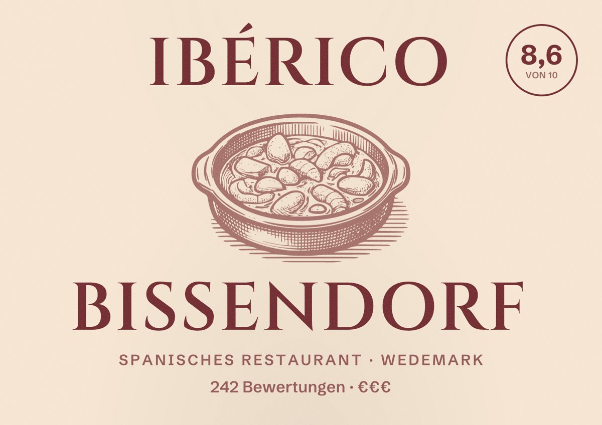 Illustriertes Poster von IBÉRICO Bissendorf, Spanisches Restaurant in Wedemark: Bewertung 8,6 von 10 aus 242 Bewertungen, Preisniveau €€€