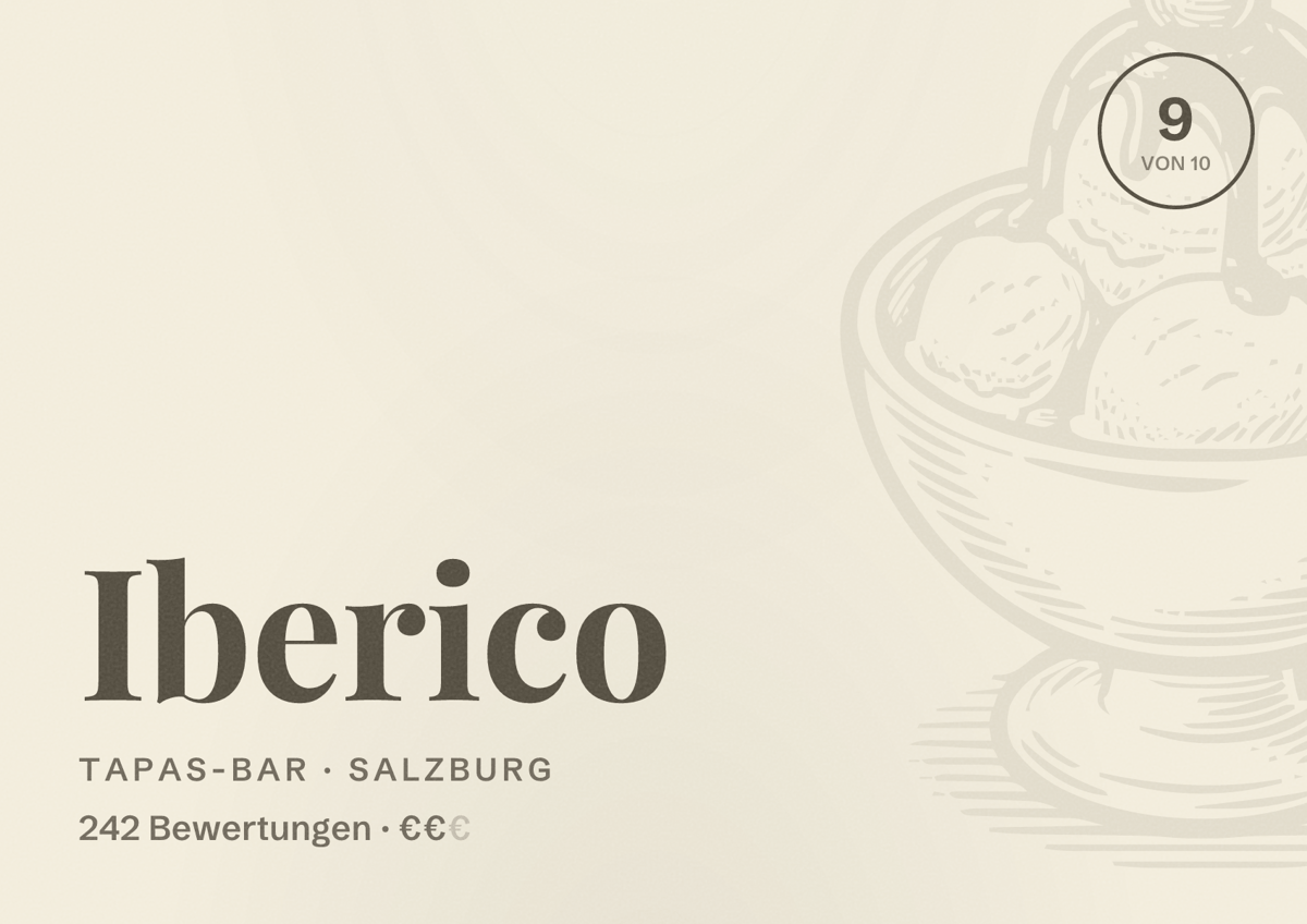 Illustriertes Poster von Iberico, Tapas-Bar in Salzburg: Bewertung 9 von 10 aus 242 Bewertungen, Preisniveau €€