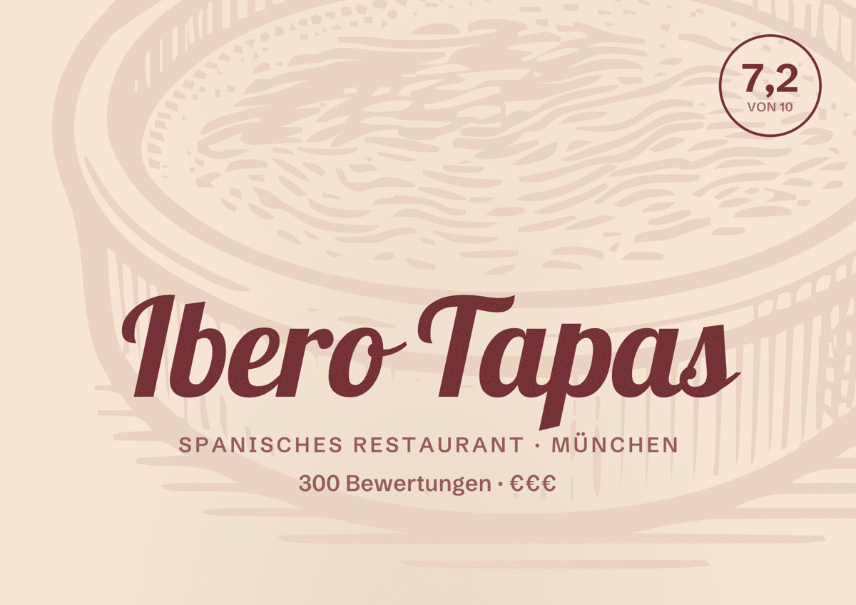 Illustriertes Poster von Ibero Tapas, Spanisches Restaurant in München: Bewertung 7,2 von 10 aus 300 Bewertungen, Preisniveau €€€