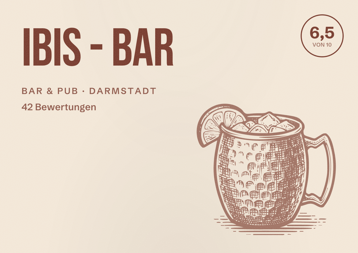 Illustriertes Poster von Ibis - Bar, Bar & Pub in Darmstadt: Bewertung 6,5 von 10 aus 42 Bewertungen