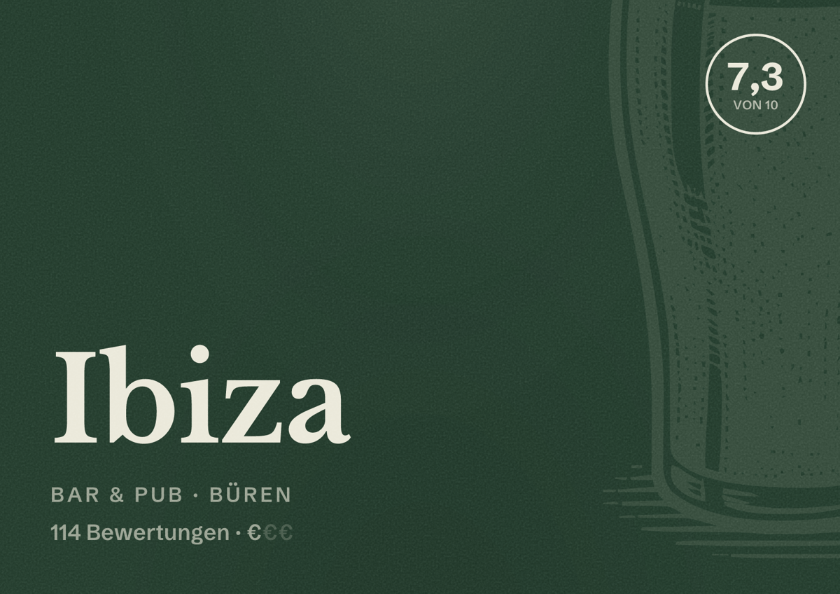 Illustriertes Poster von Ibiza, Bar & Pub in Büren: Bewertung 7,3 von 10 aus 114 Bewertungen, Preisniveau €