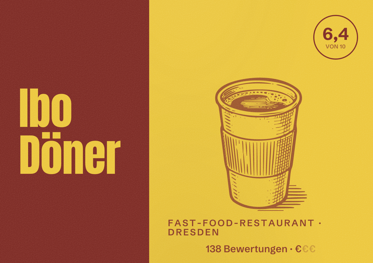 Illustriertes Poster von Ibo Döner, Fast-Food-Restaurant in Dresden: Bewertung 6,4 von 10 aus 138 Bewertungen, Preisniveau €