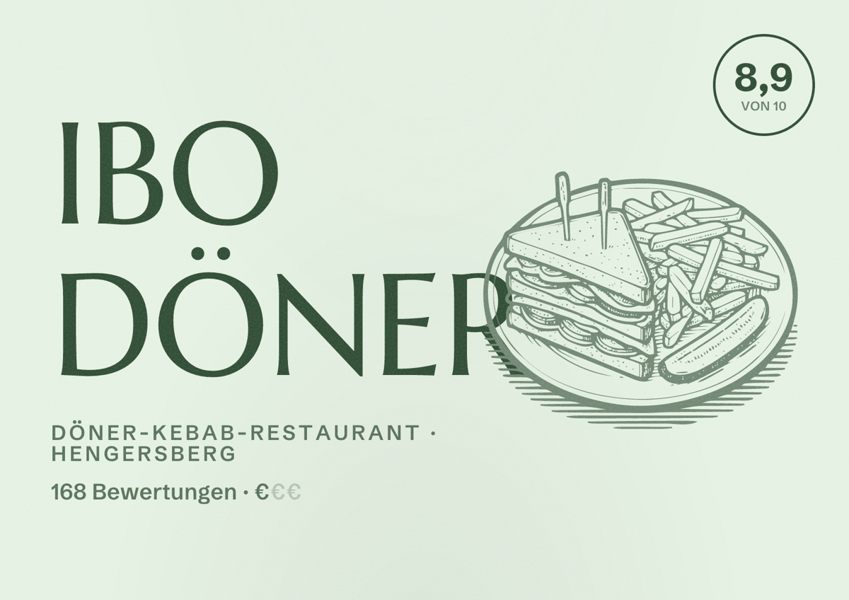 Illustriertes Poster von IBO DÖNER, Döner-Kebab-Restaurant in Hengersberg: Bewertung 8,9 von 10 aus 168 Bewertungen, Preisniveau €
